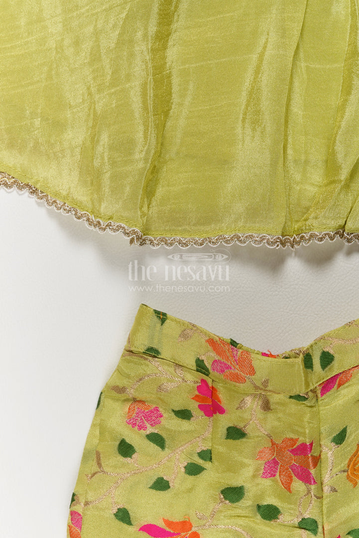 Girls Viscose Silk Palazzo Set in Lime Green with Flower Print Peplum