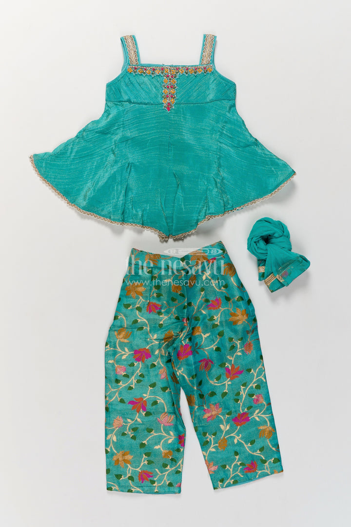 Girls Turquoise Viscose Silk Botanical Trouser Peplum Palazzo Set