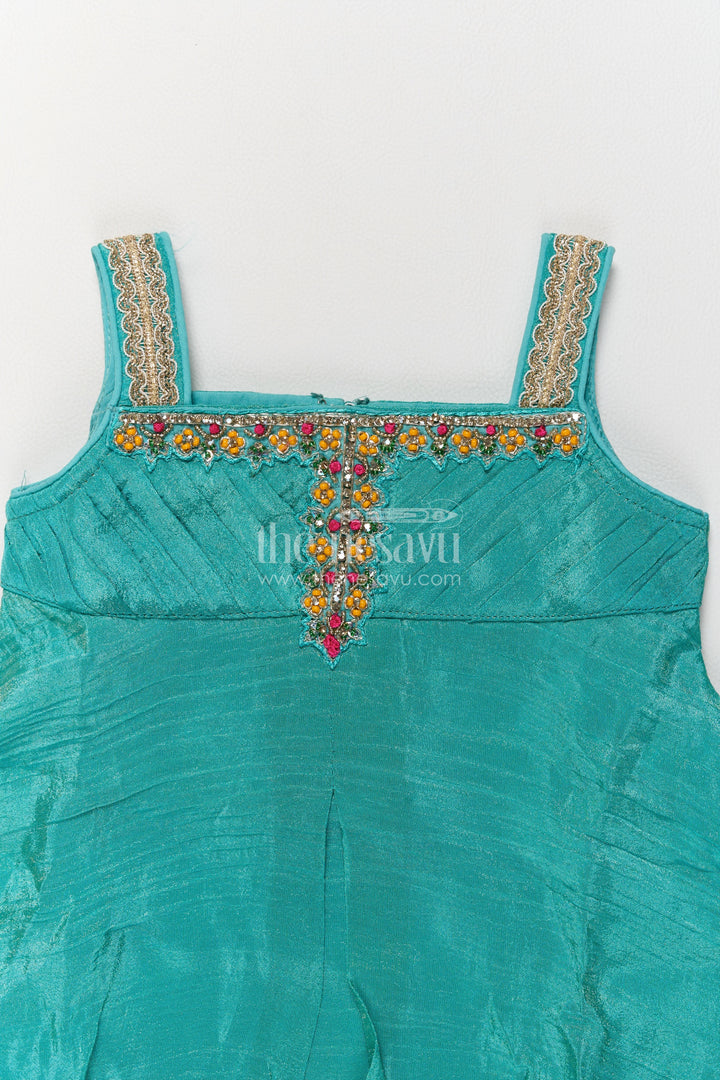 Girls Turquoise Viscose Silk Botanical Trouser Peplum Palazzo Set
