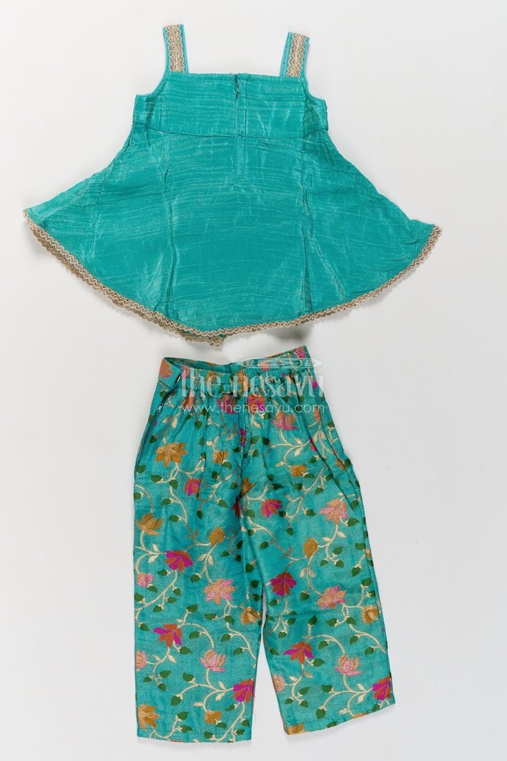 Girls Turquoise Viscose Silk Botanical Trouser Peplum Palazzo Set