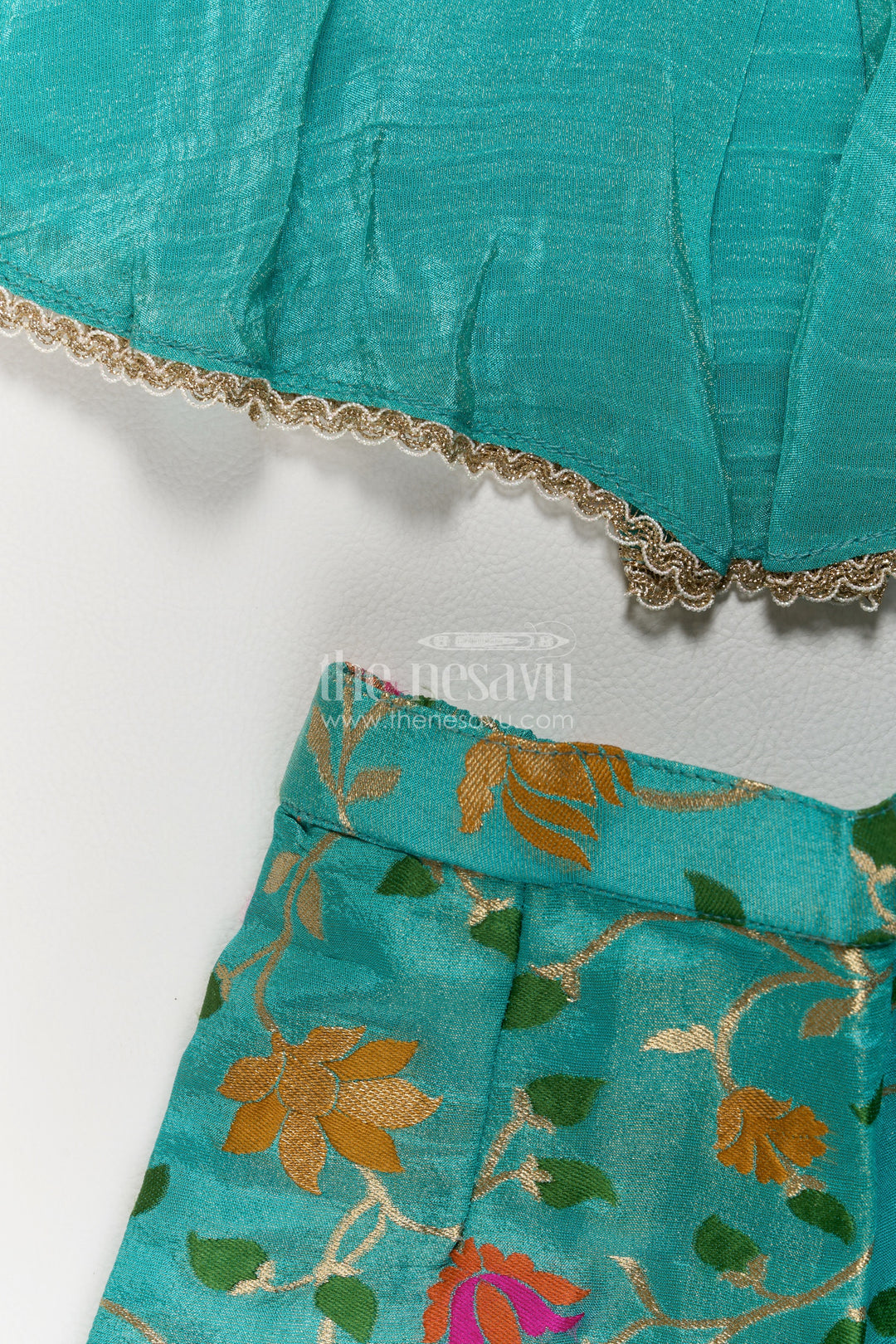 Girls Turquoise Viscose Silk Botanical Trouser Peplum Palazzo Set