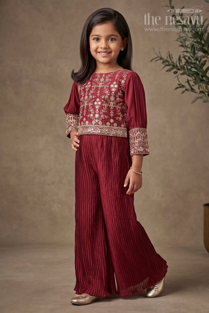 Exquisite Resham &amp; Sequin Embroidered Purple Ensemble with Pleated Palazzo for Girls