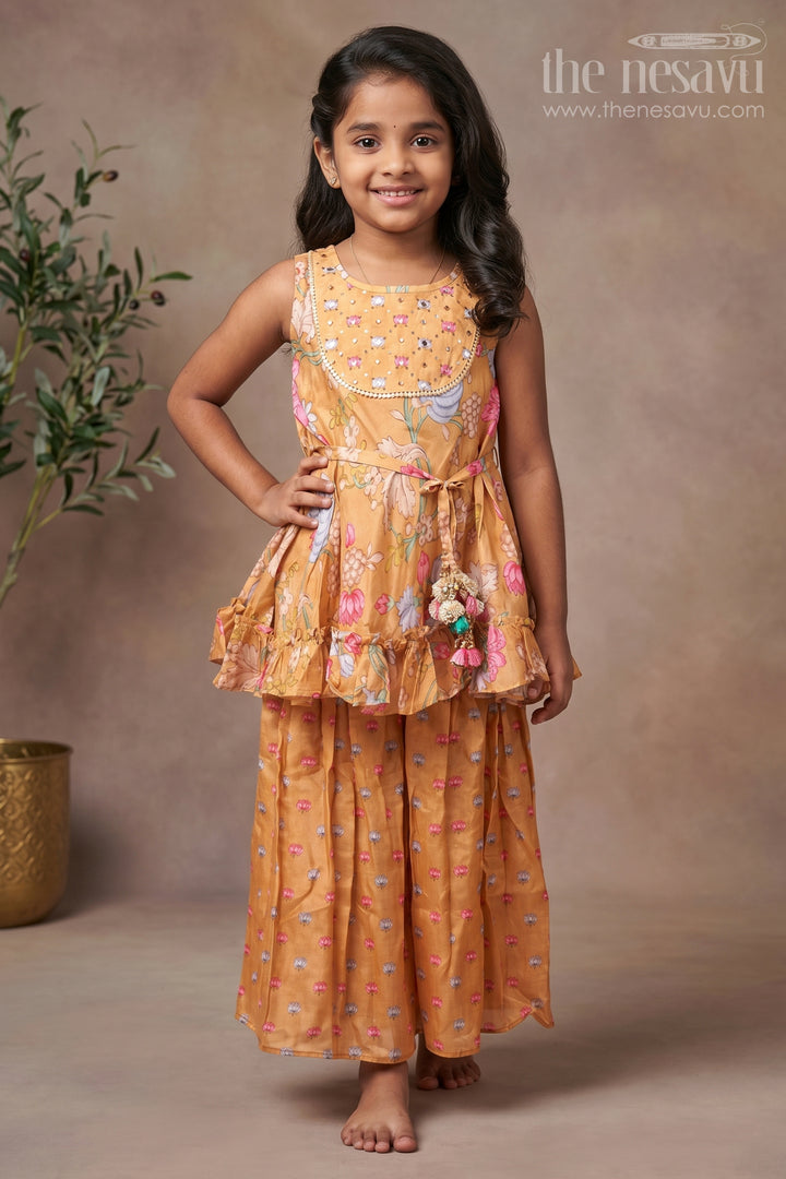 Vibrant Orange Floral Flared Kurti & Pleated Palazzo: Sun-Kissed Elegance for Girls- Designer Dress for Traditional Festives