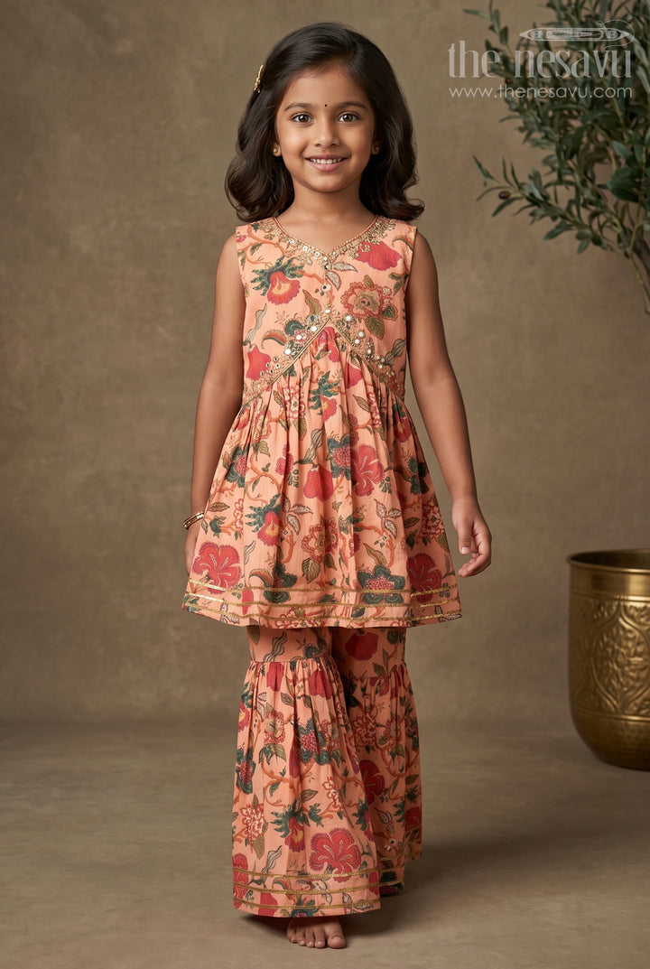 Nesavu Modal Silk Printed Sharara Top Dress for Girls Diwali Special Hand Embroidered Outfit