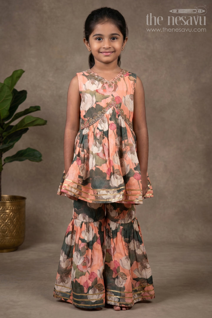 Nesavu Modal Silk Printed Sharara Plazo Dress with Top for Girls Diwali Special Hand Embroidered Outfit