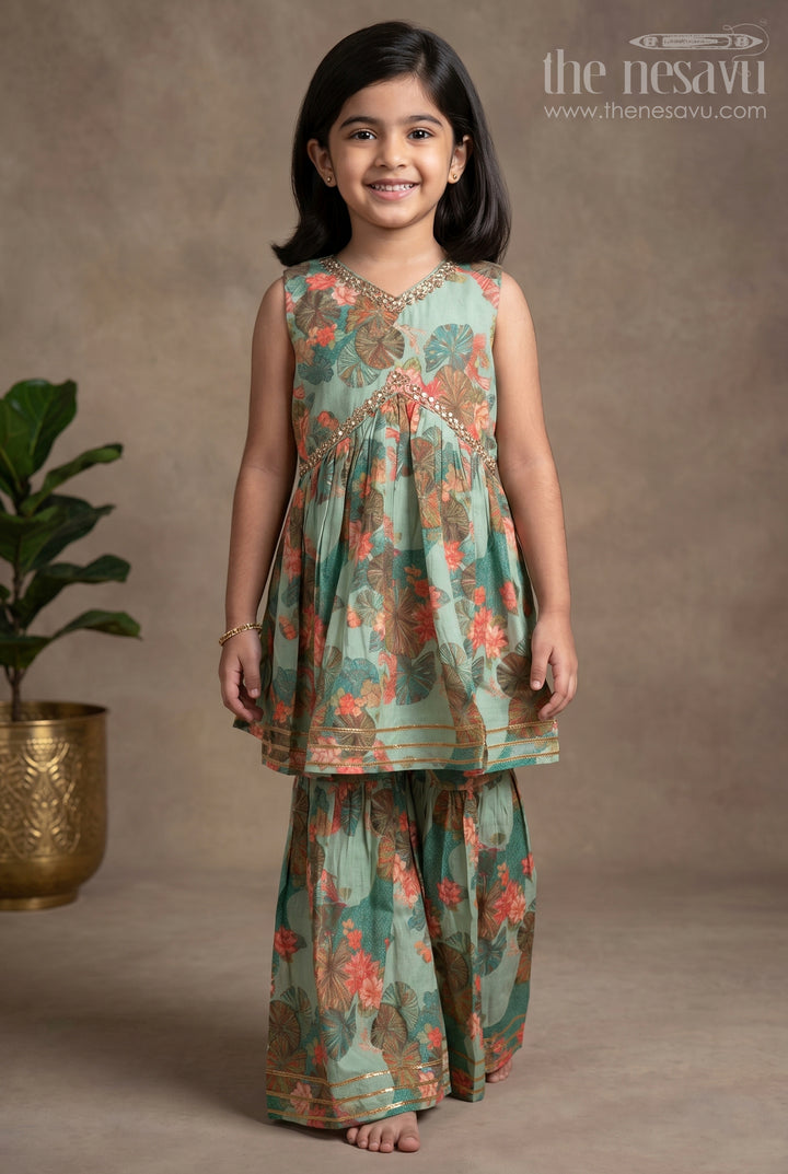 Nesavu Modal Silk Printed Sharara Plazo Dress for Girls Ganesh Chaturthi Festive Wear