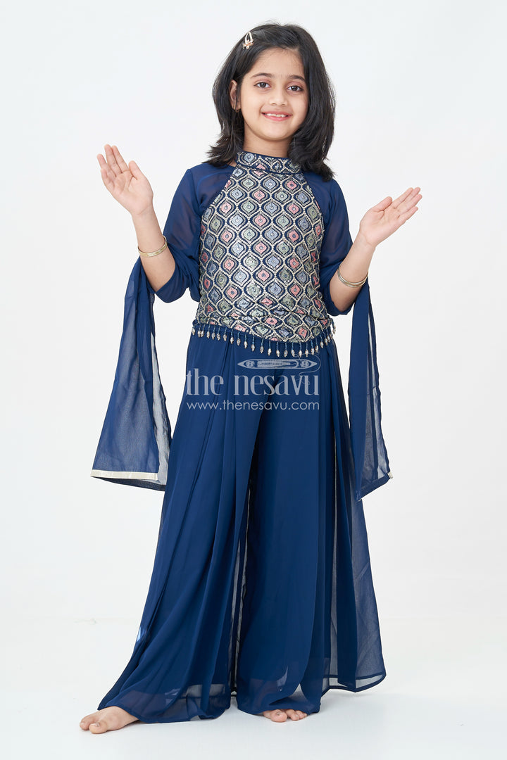 Girls' Navy Blue Palazzo Set with Halter Neck Embroidered Blouse