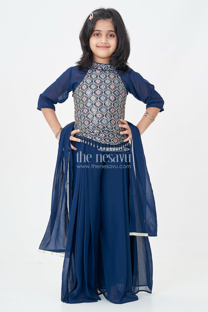 Girls' Navy Blue Palazzo Set with Halter Neck Embroidered Blouse