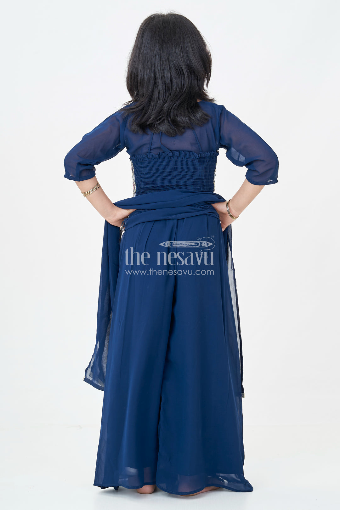 Girls' Navy Blue Palazzo Set with Halter Neck Embroidered Blouse