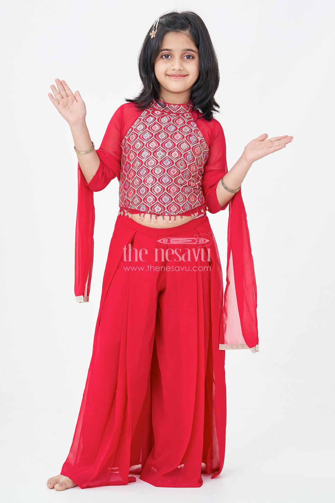 Girls Georgette Sharara Design with Embroidered Yoke and Layered Palazzo Set in Deep Maroon