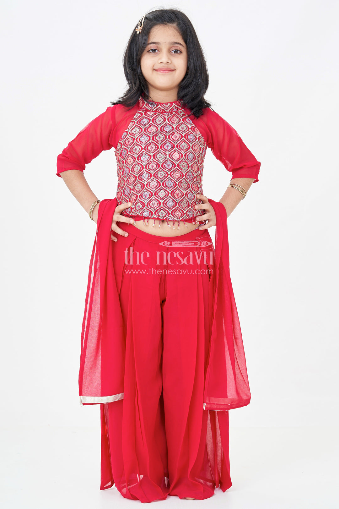 Girls Georgette Sharara Design with Embroidered Yoke and Layered Palazzo Set in Deep Maroon