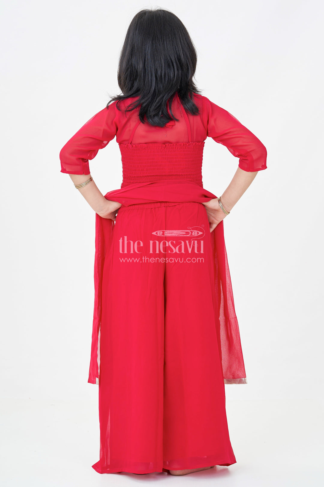 Girls Georgette Sharara Design with Embroidered Yoke and Layered Palazzo Set in Deep Maroon