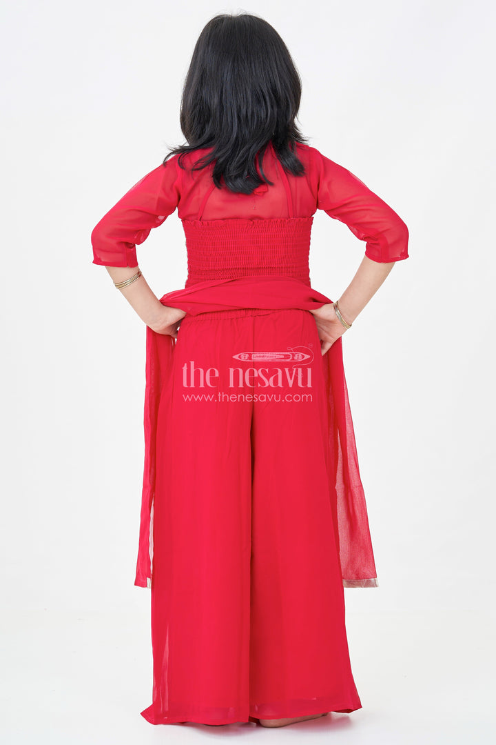 Girls Georgette Sharara Design with Embroidered Yoke and Layered Palazzo Set in Deep Maroon