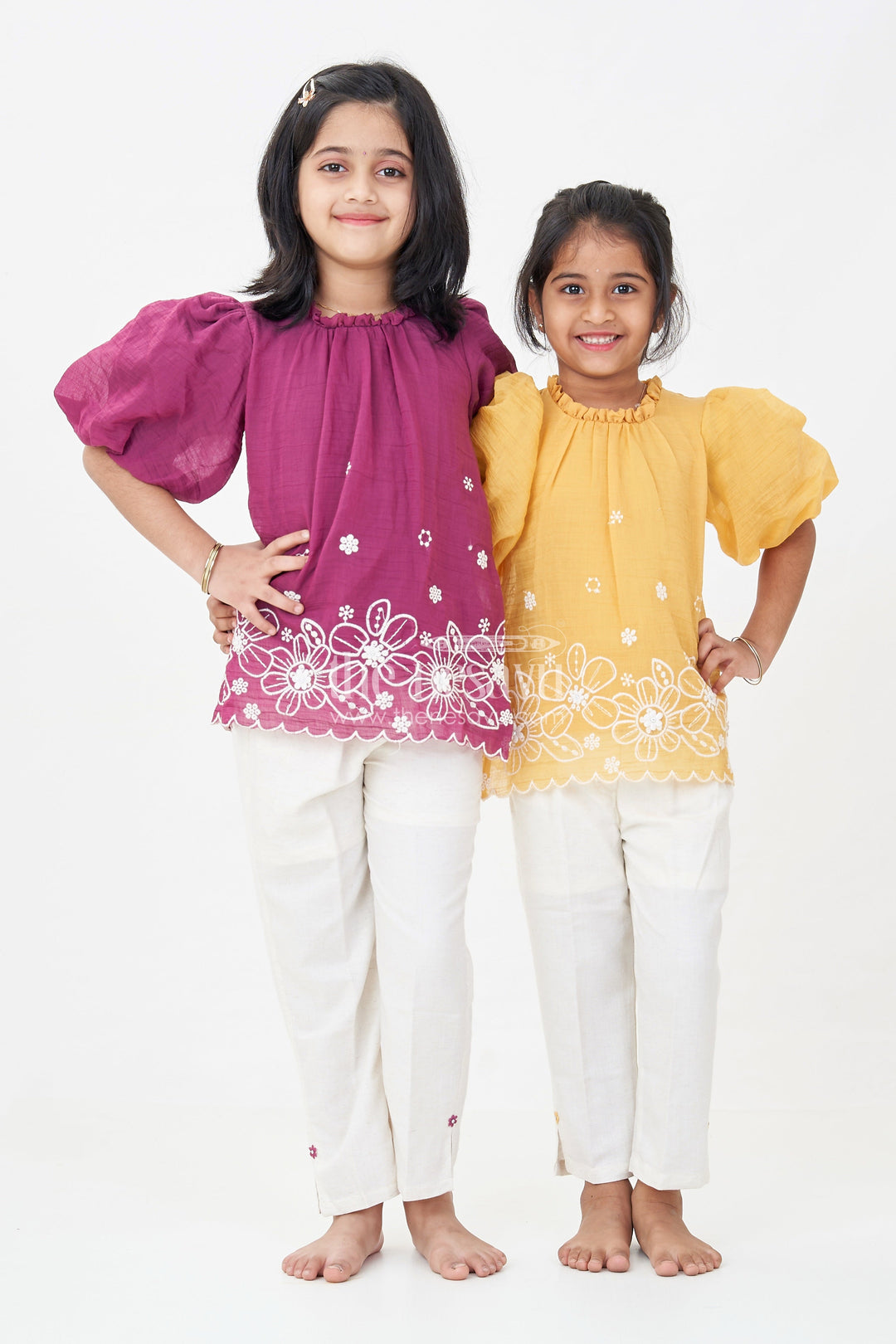 Suits and Co Ords for Girls in Mustard Cotton with White Pants and Floral Cutwork Embroidery