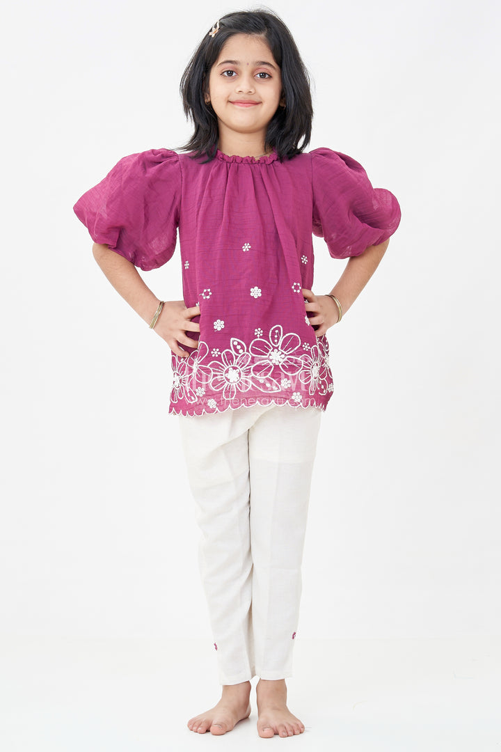 Womens Floral Co Ord for Girls in Maroon Cotton with Puff Sleeves and White Embroidered Bottoms