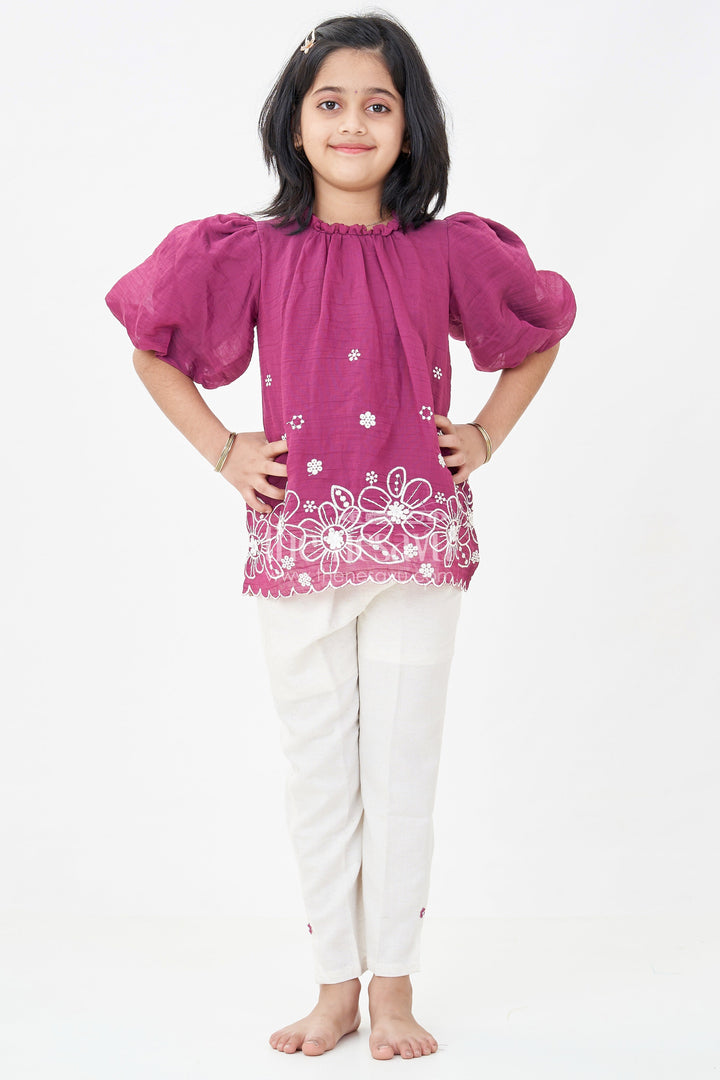 Womens Floral Co Ord for Girls in Maroon Cotton with Puff Sleeves and White Embroidered Bottoms