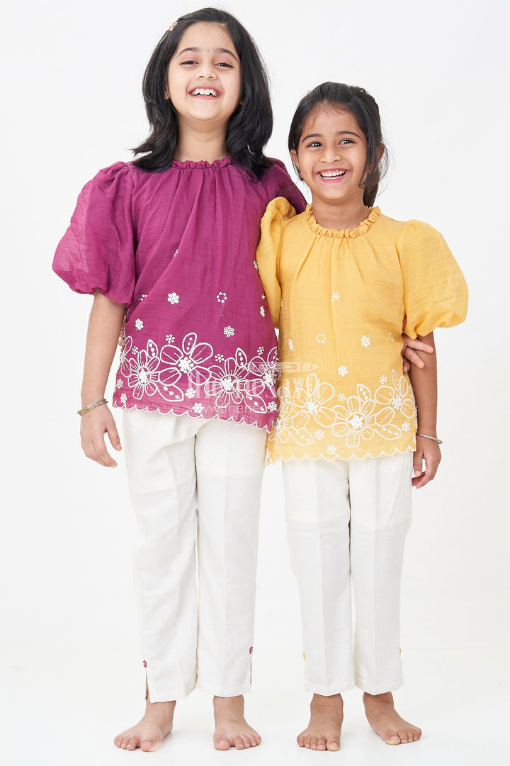 Womens Floral Co Ord for Girls in Maroon Cotton with Puff Sleeves and White Embroidered Bottoms