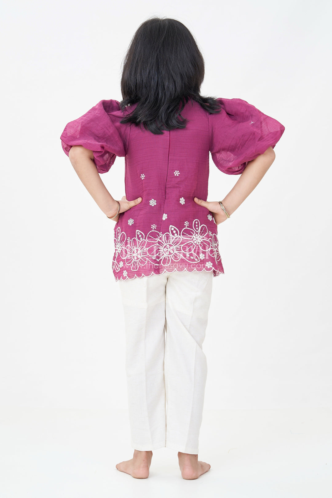 Womens Floral Co Ord for Girls in Maroon Cotton with Puff Sleeves and White Embroidered Bottoms