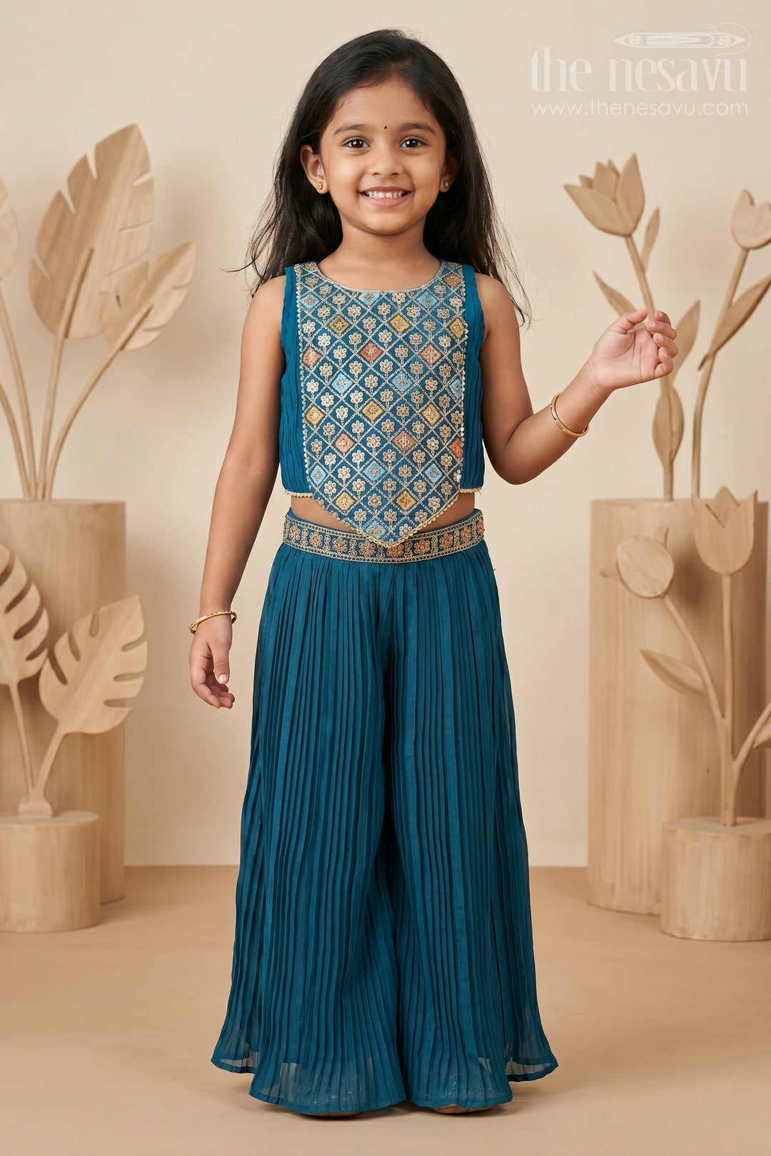 Girls Dark Blue Chinon Palazzo Set with Embroidered Designer Yoke and Matching Purse in Dark Blue Palazzo Suits Style