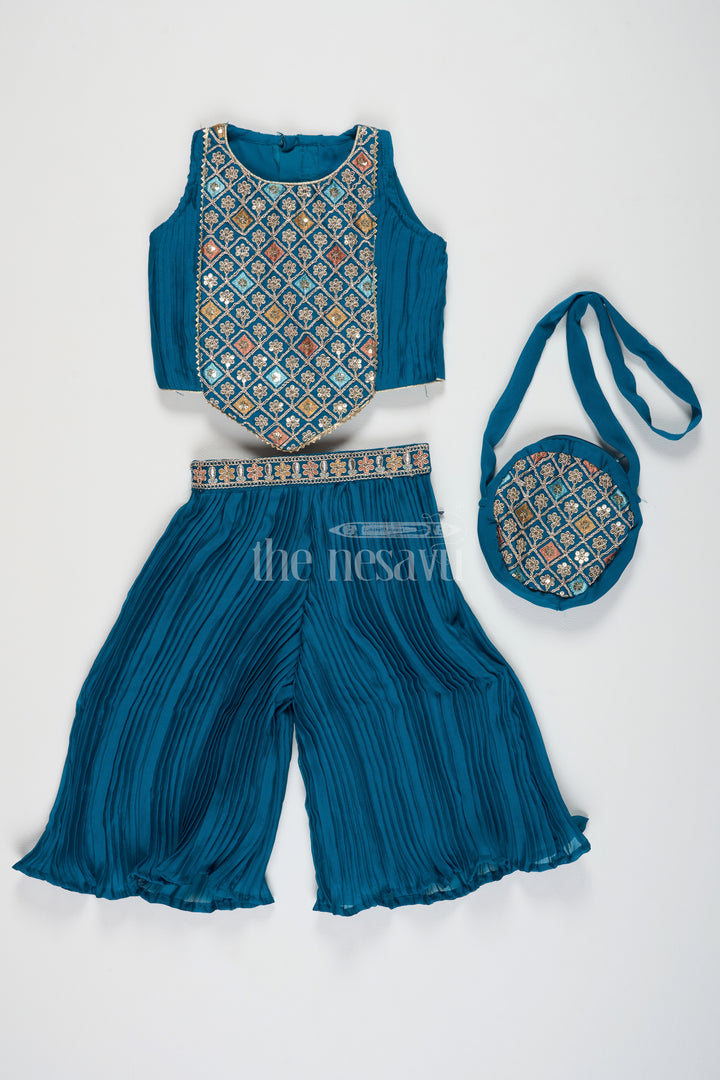 Girls Dark Blue Chinon Palazzo Set with Embroidered Designer Yoke and Matching Purse in dark blue palazzo suits Style