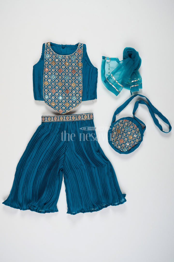 Girls Dark Blue Chinon Palazzo Set with Embroidered Designer Yoke and Matching Purse in dark blue palazzo suits Style