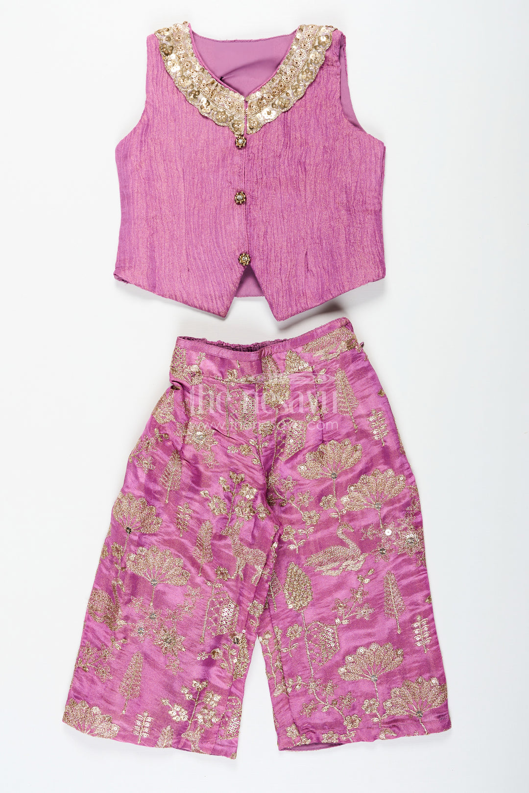Girls Party Wear Sharara with Crop Top in Blended Silk Featuring Zari Thread Embroidery and Sequins