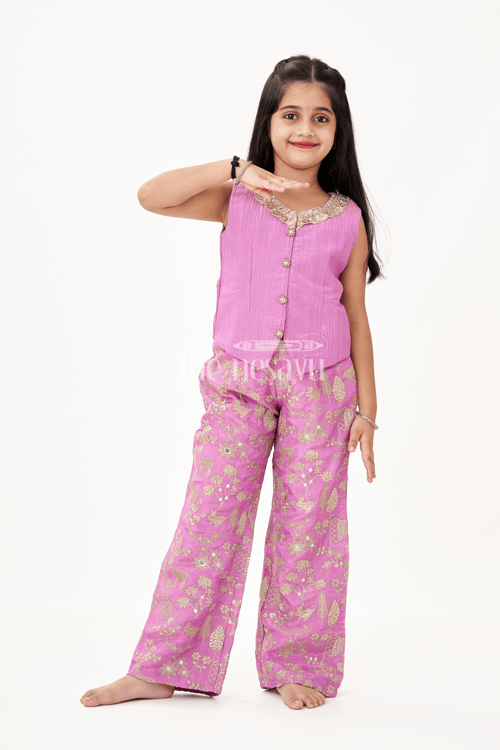 Girls Party Wear Sharara with Crop Top in Blended Silk Featuring Zari Thread Embroidery and Sequins