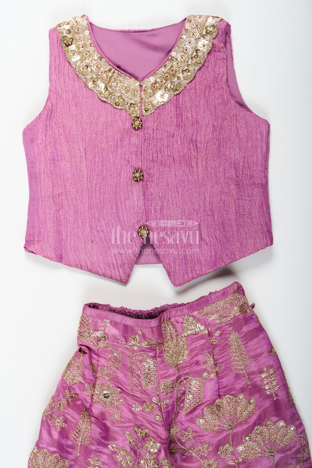 Girls Party Wear Sharara with Crop Top in Blended Silk Featuring Zari Thread Embroidery and Sequins