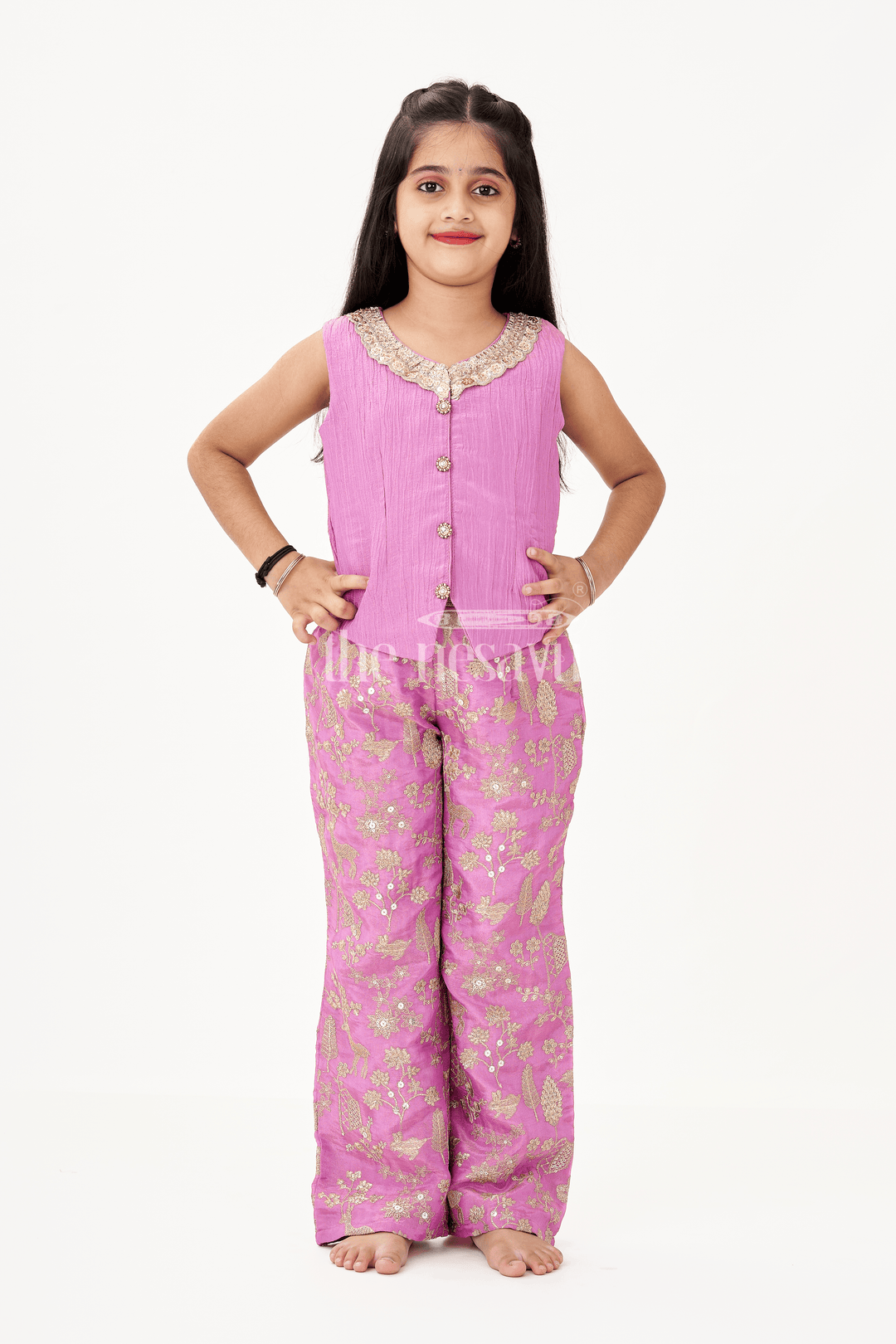 Girls Party Wear Sharara with Crop Top in Blended Silk Featuring Zari Thread Embroidery and Sequins