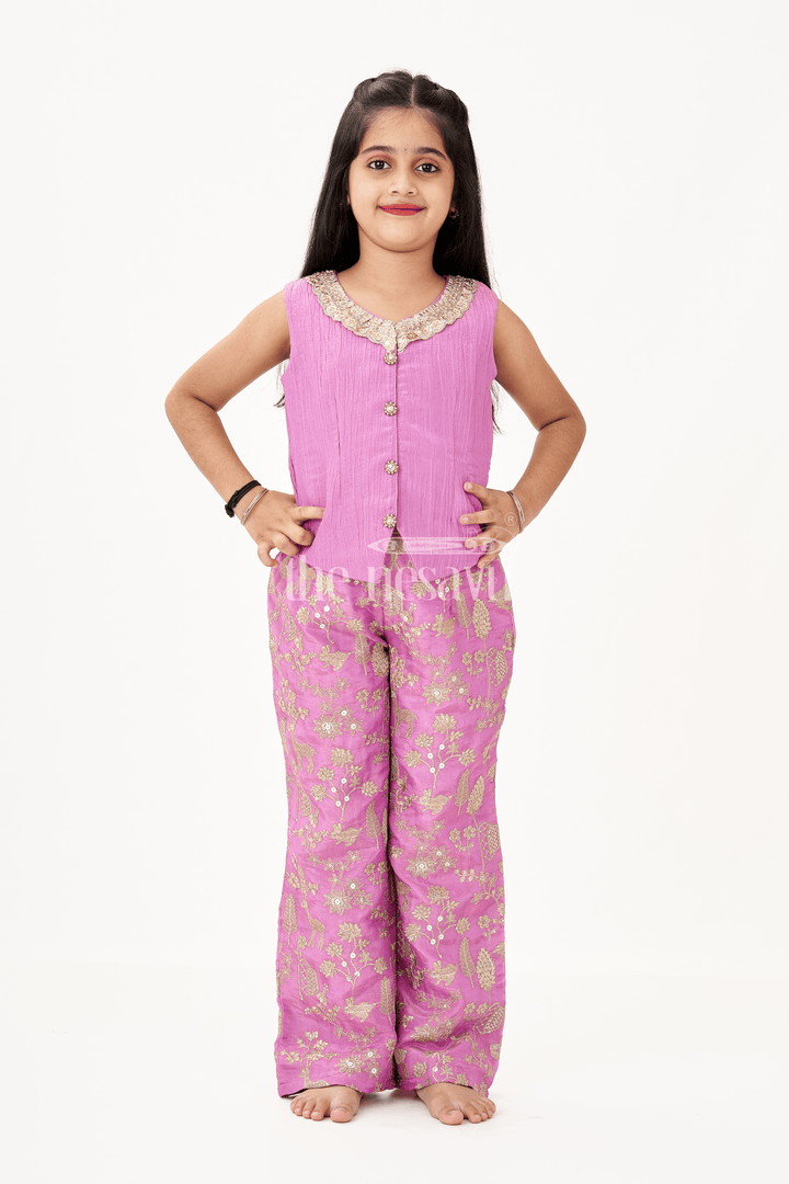 Girls Party Wear Sharara with Crop Top in Blended Silk Featuring Zari Thread Embroidery and Sequins
