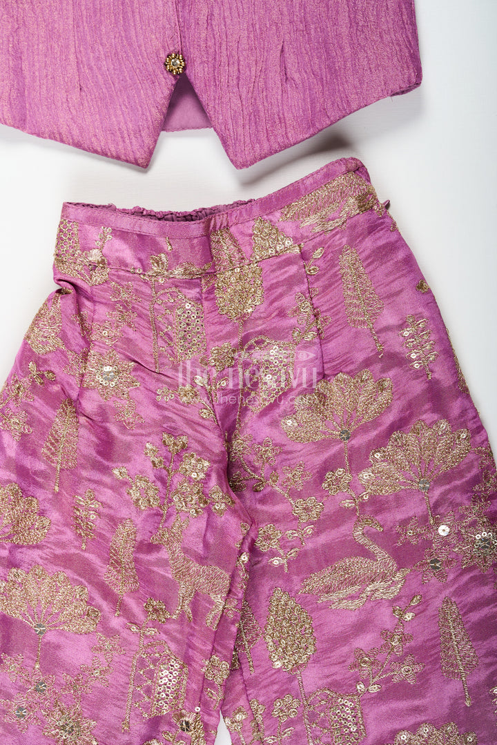 Girls Party Wear Sharara with Crop Top in Blended Silk Featuring Zari Thread Embroidery and Sequins