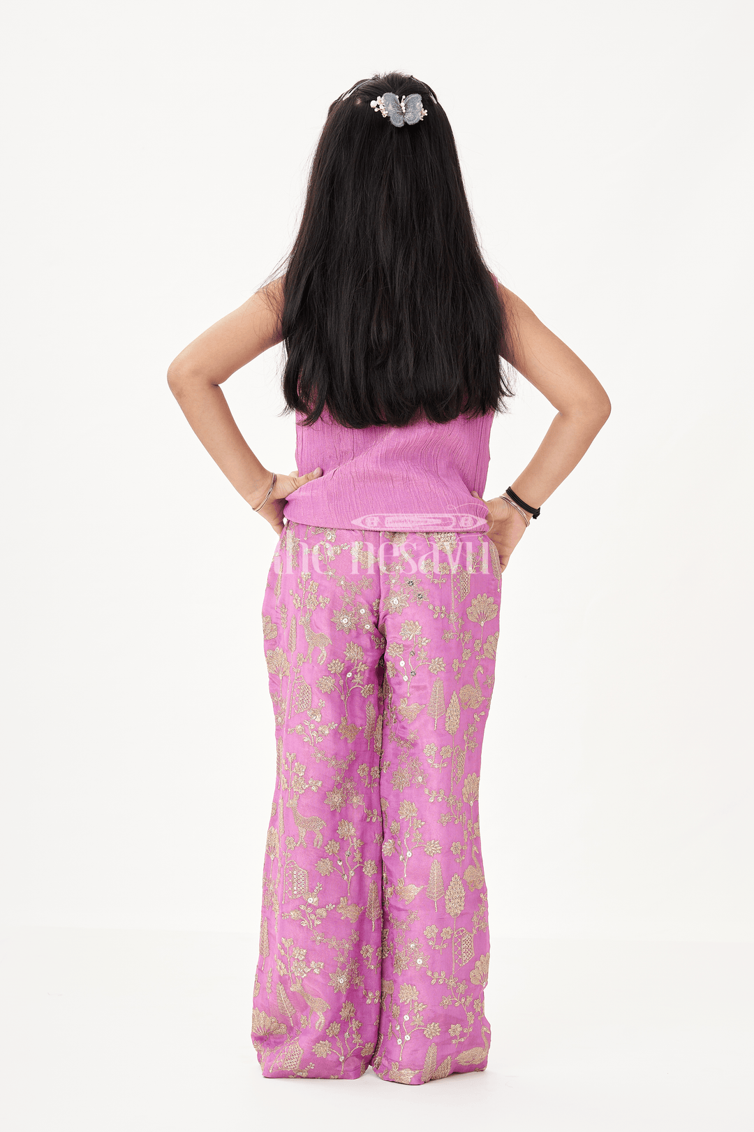 Girls Party Wear Sharara with Crop Top in Blended Silk Featuring Zari Thread Embroidery and Sequins