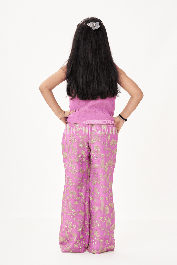 Girls Party Wear Sharara with Crop Top in Blended Silk Featuring Zari Thread Embroidery and Sequins