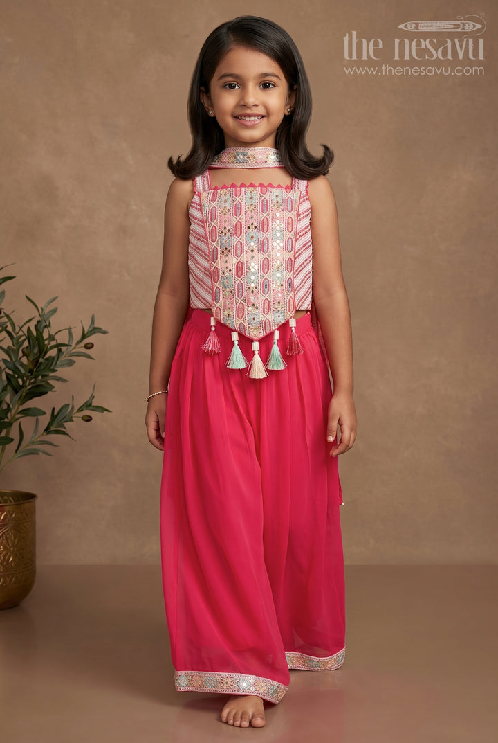 Girls Red Sharara Set with Sleeveless Crop Top and Embroidered Detailing
