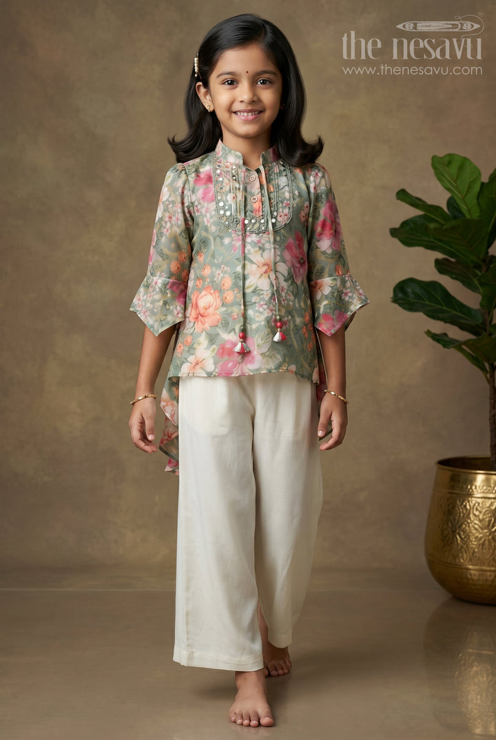 Girls Green Floral Printed Top with White Culottes and Camisole for Stylish Daytime Outings
