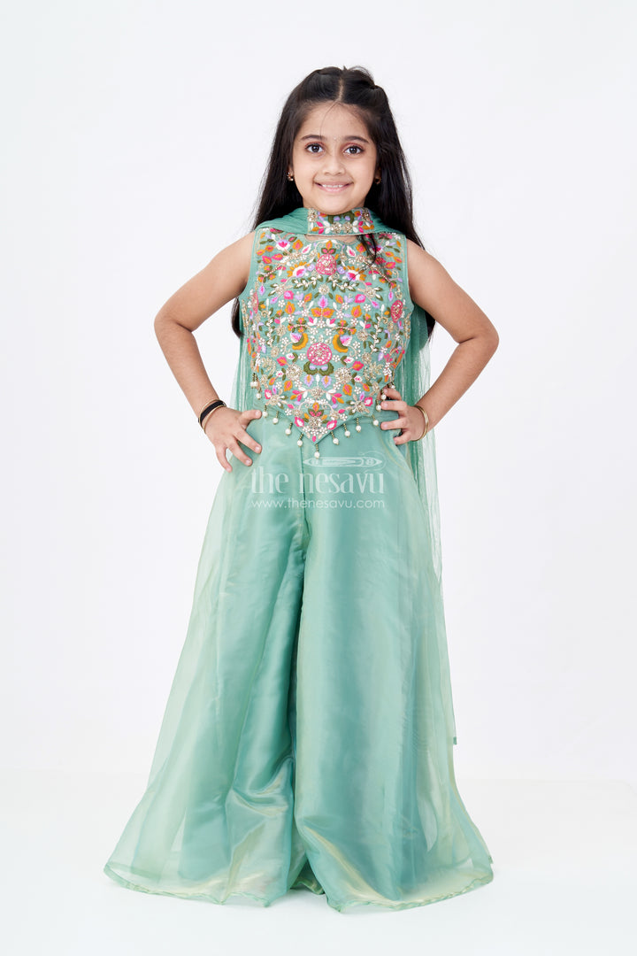 Girls Pastel Green Dress in Glazed Organza with Designer Embroidery and Sharara Pant Set