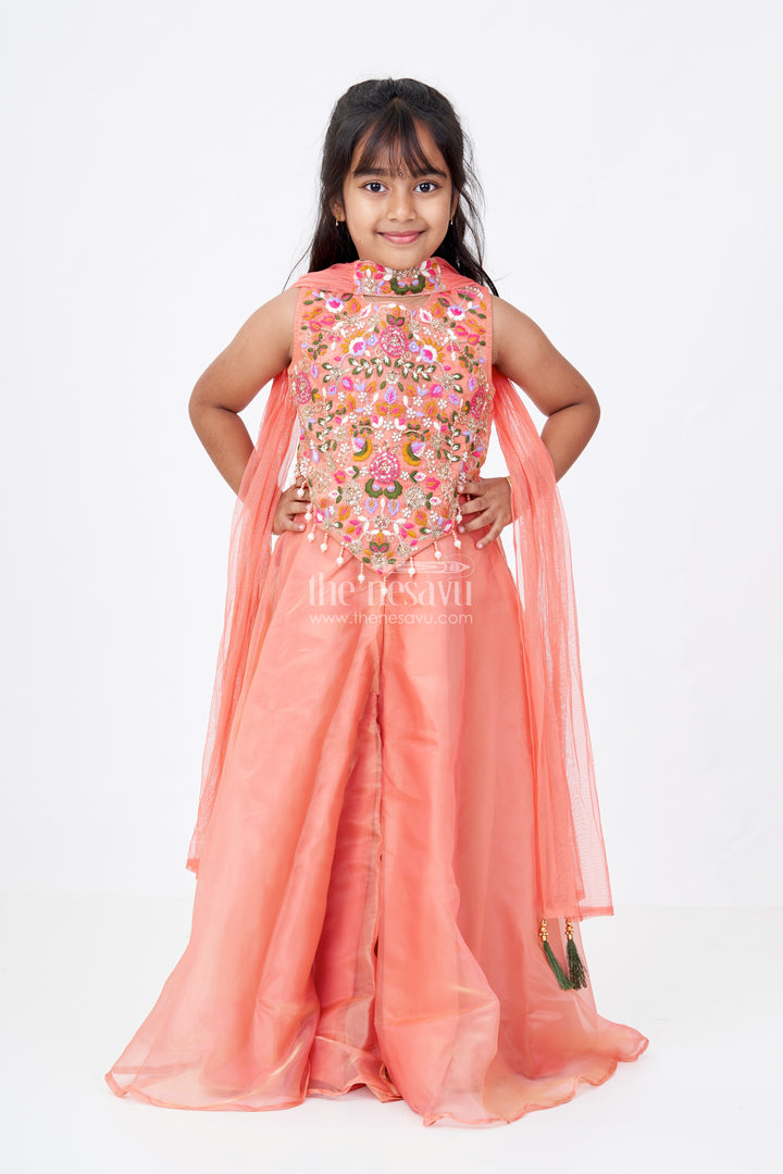 Girls Orange Jumpsuit Set in Glazed Organza with Designer Embroidery and Festive Dupatta