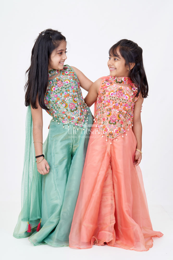 Girls Orange Jumpsuit Set in Glazed Organza with Designer Embroidery and Festive Dupatta