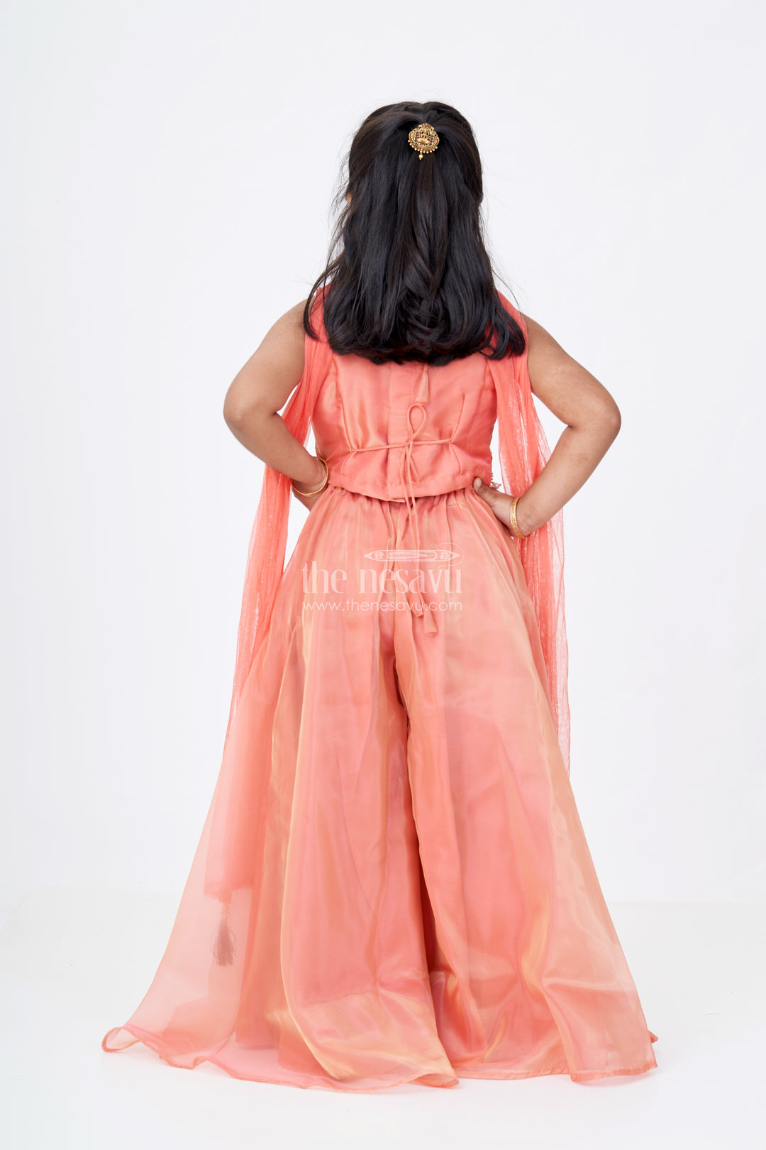 Girls Orange Jumpsuit Set in Glazed Organza with Designer Embroidery and Festive Dupatta