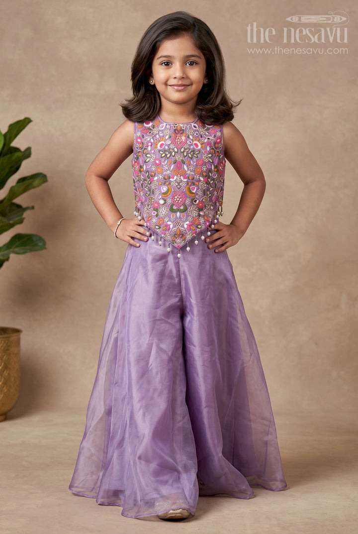 Purple Casual Dress Girls Sharara Set with Designer Embroidered Organza Top and Flowing Plazo Pants