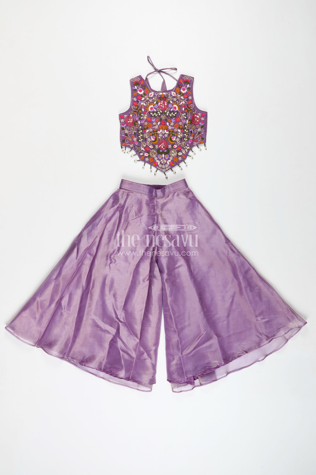 Purple Casual Dress Girls Sharara Set with Designer Embroidered Organza Top and Flowing Plazo Pants