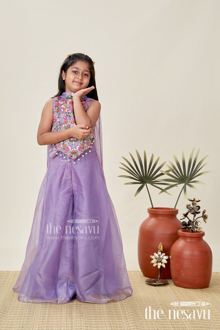 Purple Casual Dress Girls Sharara Set with Designer Embroidered Organza Top and Flowing Plazo Pants