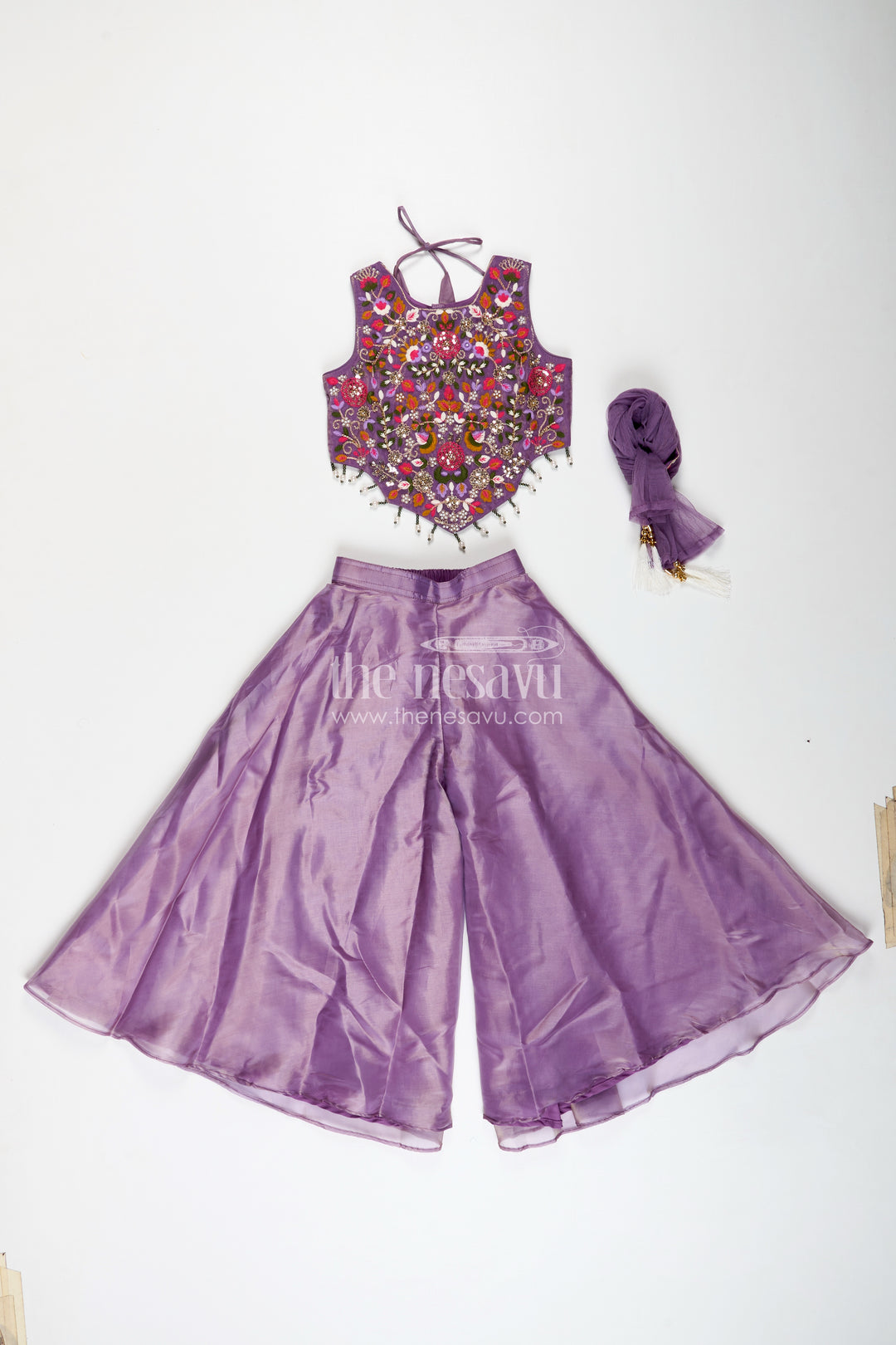 Purple Casual Dress Girls Sharara Set with Designer Embroidered Organza Top and Flowing Plazo Pants