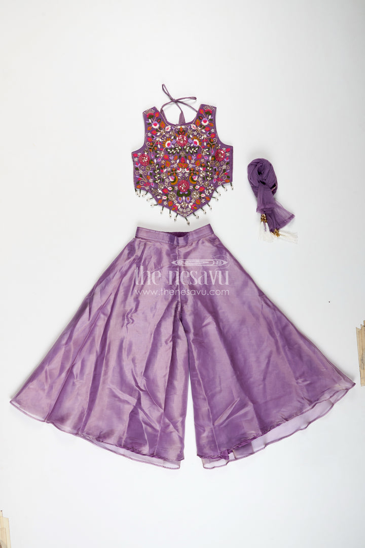 Purple Casual Dress Girls Sharara Set with Designer Embroidered Organza Top and Flowing Plazo Pants