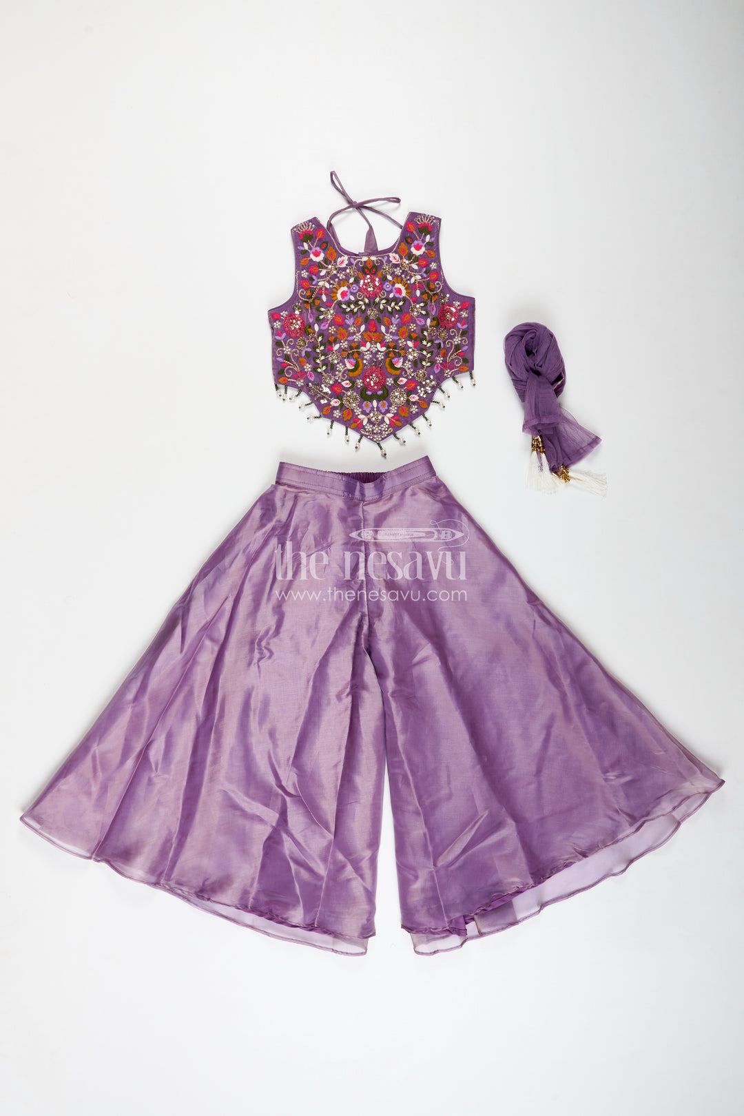 Purple Casual Dress Girls Sharara Set with Designer Embroidered Organza Top and Flowing Plazo Pants