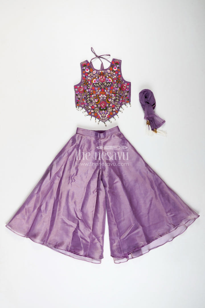 Purple Casual Dress Girls Sharara Set with Designer Embroidered Organza Top and Flowing Plazo Pants
