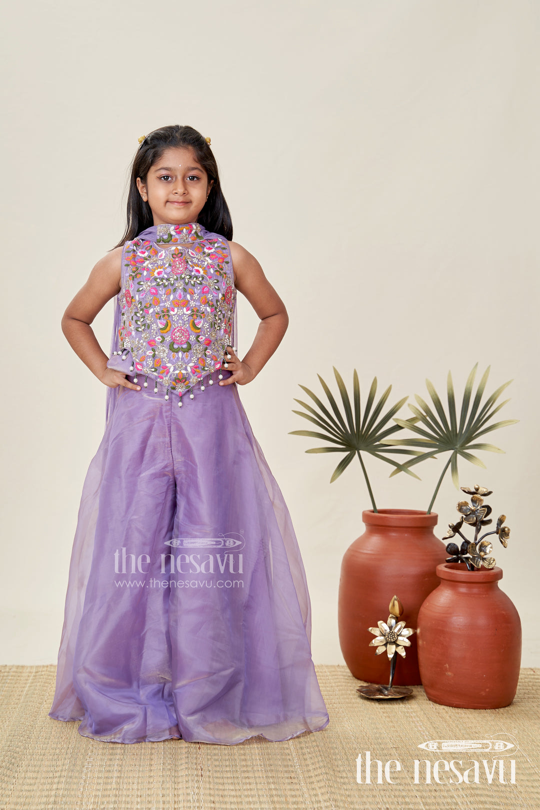 Purple Casual Dress Girls Sharara Set with Designer Embroidered Organza Top and Flowing Plazo Pants