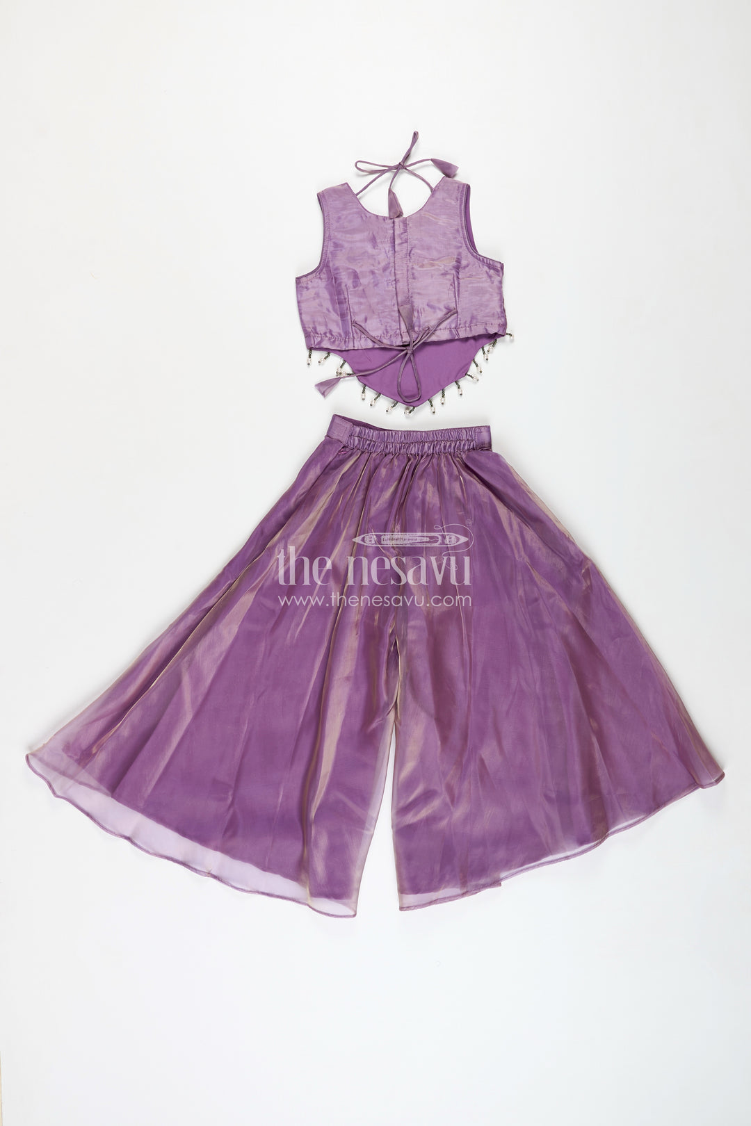 Purple Casual Dress Girls Sharara Set with Designer Embroidered Organza Top and Flowing Plazo Pants