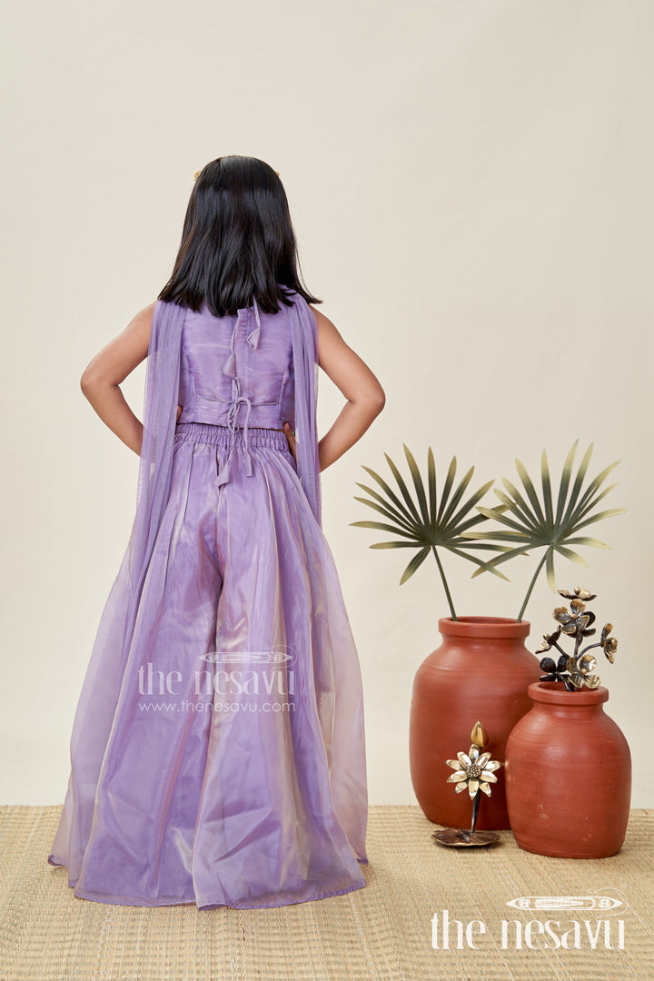 Purple Casual Dress Girls Sharara Set with Designer Embroidered Organza Top and Flowing Plazo Pants