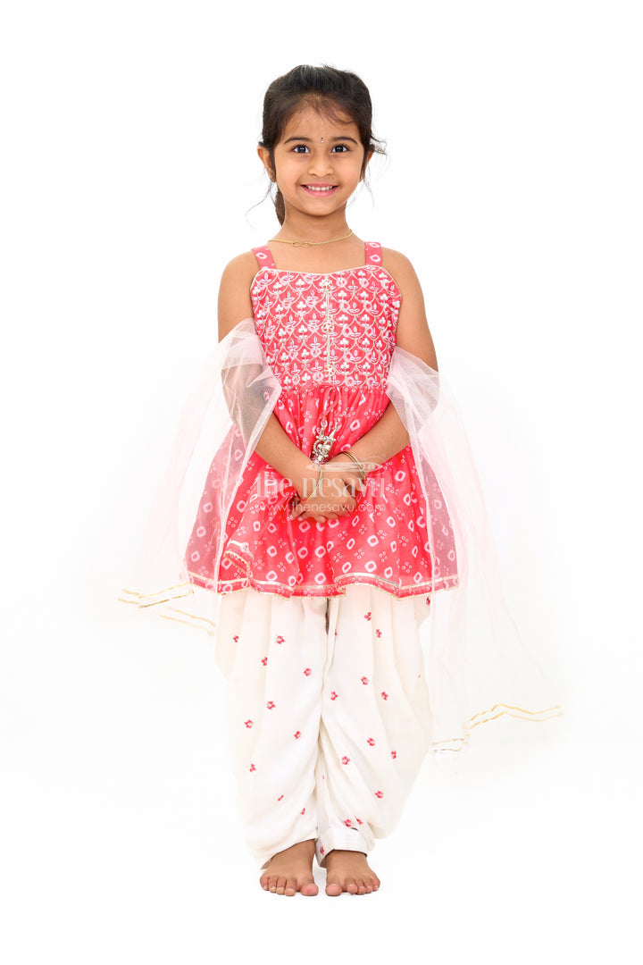 Girls Red Chinon Silk Peplum and Dhoti Pants Set with Geometric Embroidery for Festive Wear